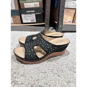 Shibever Sandals Size 7 Womens Black Slide On Wedge Heels Black‎ Tan Rhinestone